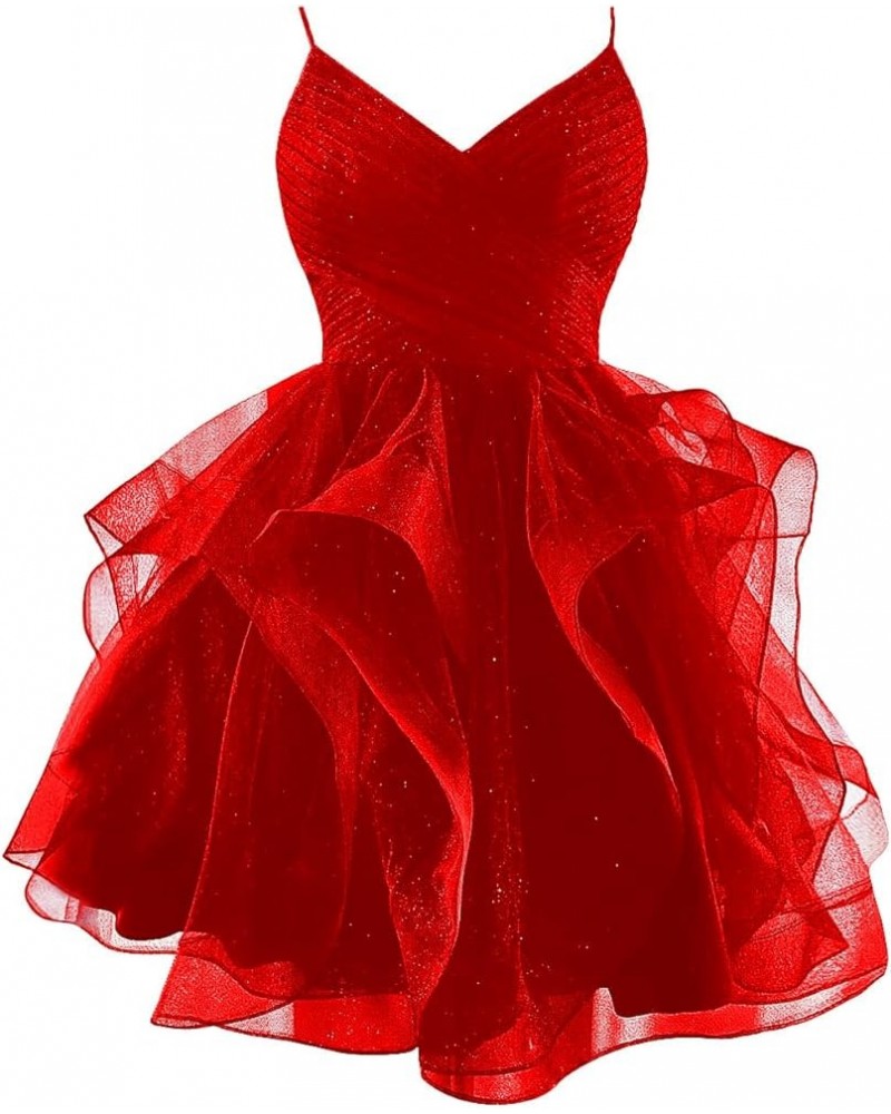 Glitter Tulle Spaghetti Straps Short Prom Dresses for Teens Tiered Homecoming Dresses 2024 V-Neck Mini Cocktail Dress Red $34...