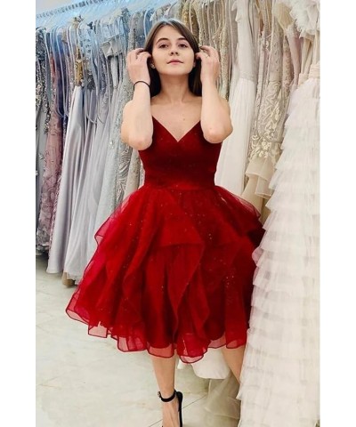 Glitter Tulle Spaghetti Straps Short Prom Dresses for Teens Tiered Homecoming Dresses 2024 V-Neck Mini Cocktail Dress Red $34...