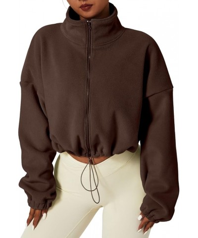 Women's Full Zip Fleece Short Jacket Warm Winter Long Sleeve Stand Collar Sherpa Crop Coat Caramel Coffee $26.99 Jackets