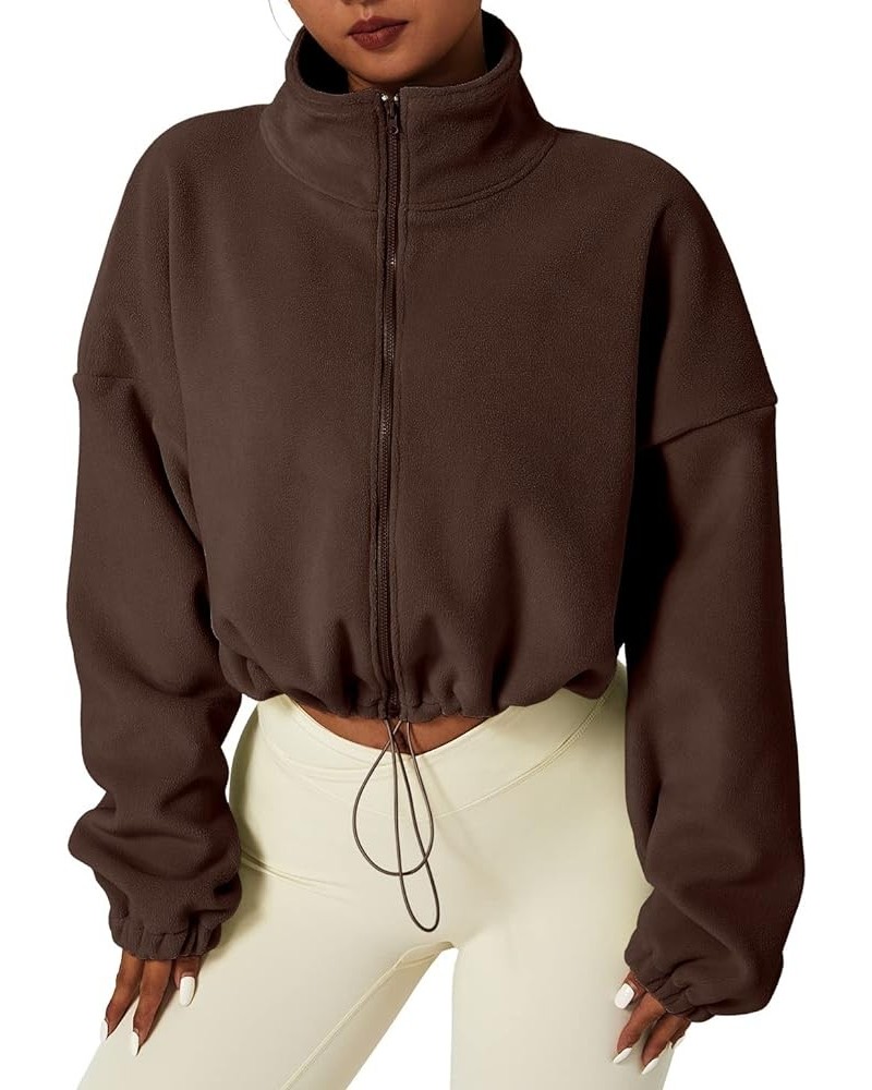 Women's Full Zip Fleece Short Jacket Warm Winter Long Sleeve Stand Collar Sherpa Crop Coat Caramel Coffee $26.99 Jackets