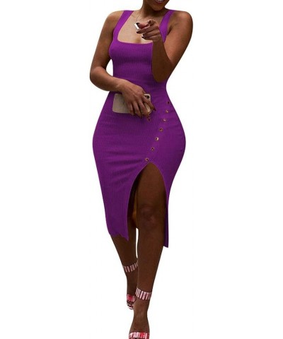 Womens Sexy Soild Sleeveless Strap Tank Ribbed Buttons Side Split Bodycon Irregular Long Pencil Midi Dress Purple $19.24 Dresses