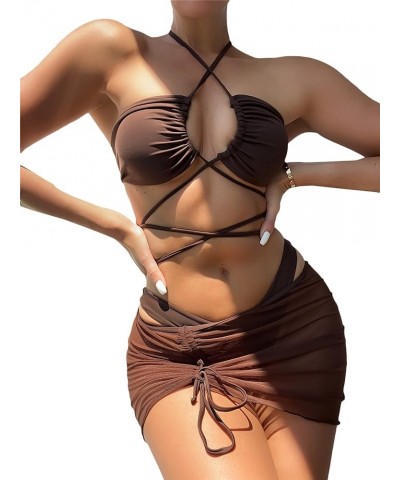 Women's 3 Piece Swimsuit Criss Cross Halter Bikini Set Bathing Suit and Drawstring Beach Skirt Chocolate Brown $12.30 Swimsuits