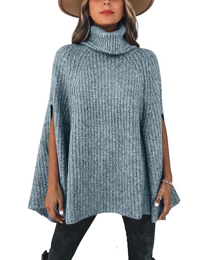 Women's 2024 Fall Winter Turtleneck Poncho Sweater Fashion Chunky Knit Cape Wrap Sweaters Pullover Jumper Tops Grey Blue $30....