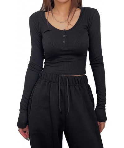 Women's Button Up Rib Knit Long Sleeve Tops Solid Casual Slim Fit Work Office Cropped Tee Shirts Black $11.19 T-Shirts