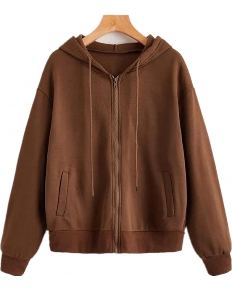 Women's Vintage Solid Drawstring Hoodies Zip Up Women's Casual Hoodie Jacket Long Sleeve Sweatshirt With Pockets Small Brown ...