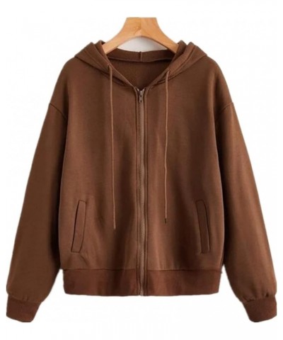 Women's Vintage Solid Drawstring Hoodies Zip Up Women's Casual Hoodie Jacket Long Sleeve Sweatshirt With Pockets Small Brown ...