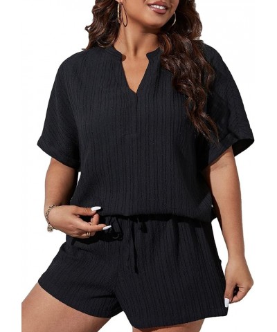 Women's Plus Size Waffle Knit Short Sleeve Top and Shorts Pajama Set Sleepwear Plain Black $17.22 Sleep & Lounge