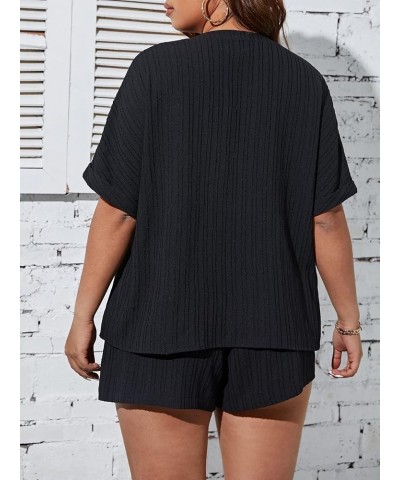 Women's Plus Size Waffle Knit Short Sleeve Top and Shorts Pajama Set Sleepwear Plain Black $17.22 Sleep & Lounge