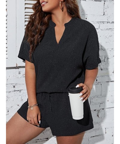 Women's Plus Size Waffle Knit Short Sleeve Top and Shorts Pajama Set Sleepwear Plain Black $17.22 Sleep & Lounge