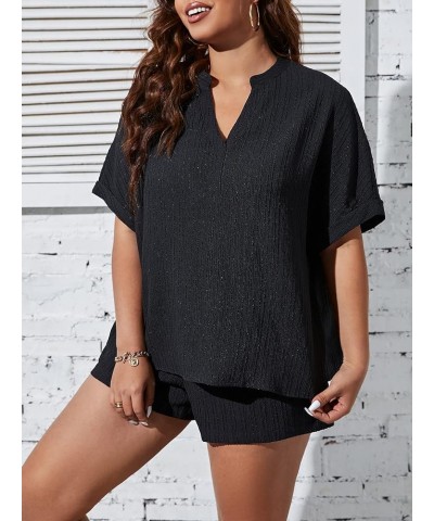 Women's Plus Size Waffle Knit Short Sleeve Top and Shorts Pajama Set Sleepwear Plain Black $17.22 Sleep & Lounge