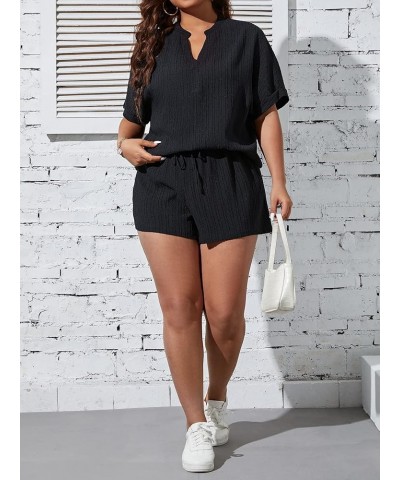 Women's Plus Size Waffle Knit Short Sleeve Top and Shorts Pajama Set Sleepwear Plain Black $17.22 Sleep & Lounge