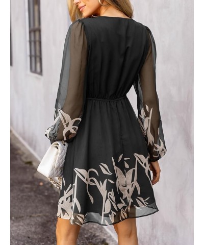 Women's Floral Print Chiffon A-Line Mini Dress Long Peasant Sleeves Black Floral $25.99 Dresses