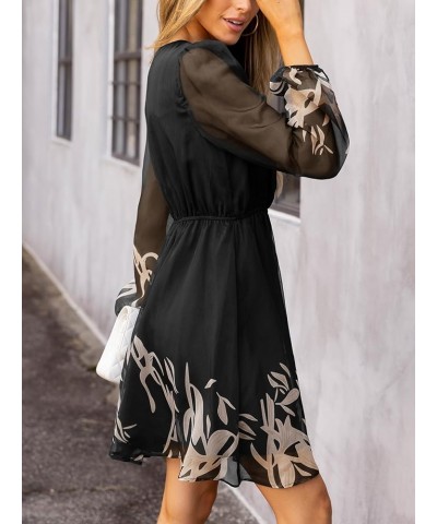 Women's Floral Print Chiffon A-Line Mini Dress Long Peasant Sleeves Black Floral $25.99 Dresses