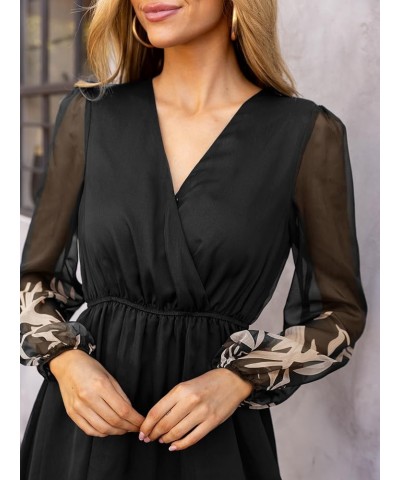 Women's Floral Print Chiffon A-Line Mini Dress Long Peasant Sleeves Black Floral $25.99 Dresses