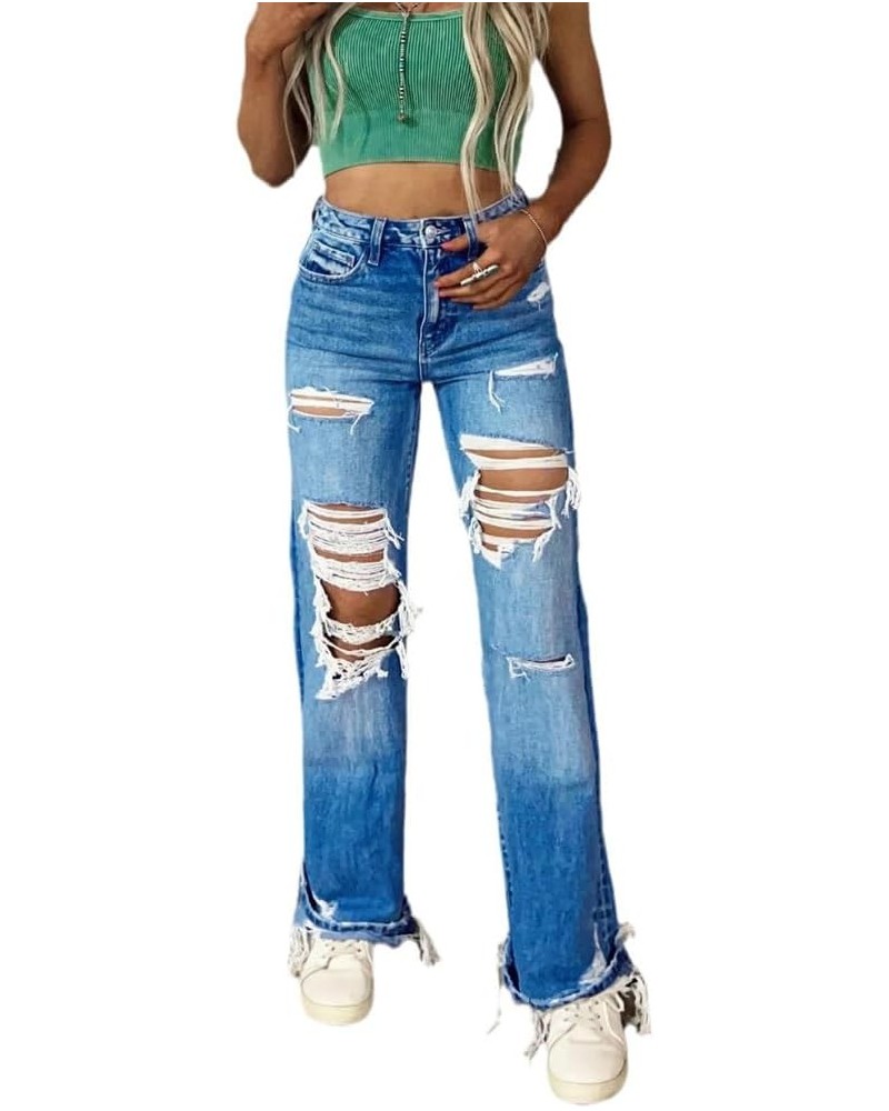 Womens Ripped Jeans High Waisted Distressed Trendy Straight Leg Raw Demin Pants Dark Blue $28.59 Jeans