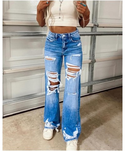 Womens Ripped Jeans High Waisted Distressed Trendy Straight Leg Raw Demin Pants Dark Blue $28.59 Jeans