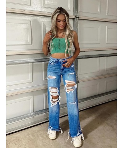 Womens Ripped Jeans High Waisted Distressed Trendy Straight Leg Raw Demin Pants Dark Blue $28.59 Jeans