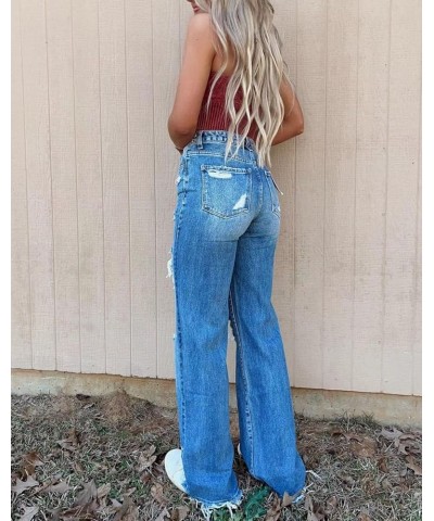 Womens Ripped Jeans High Waisted Distressed Trendy Straight Leg Raw Demin Pants Dark Blue $28.59 Jeans