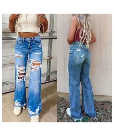 Womens Ripped Jeans High Waisted Distressed Trendy Straight Leg Raw Demin Pants Dark Blue $28.59 Jeans