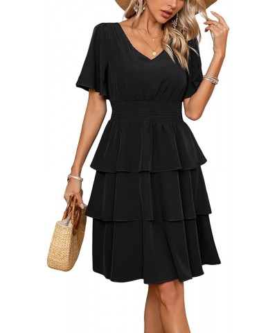 Women's Summer Short Dress V Neck Short Sleeve A line Tiered Layered Swing Flowy Mini Dresses Black $11.19 Dresses