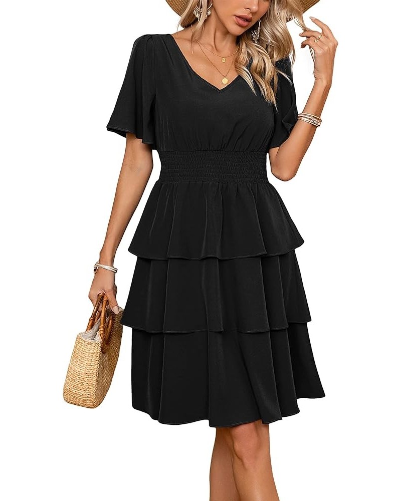 Women's Summer Short Dress V Neck Short Sleeve A line Tiered Layered Swing Flowy Mini Dresses Black $11.19 Dresses