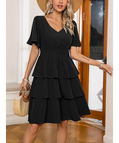 Women's Summer Short Dress V Neck Short Sleeve A line Tiered Layered Swing Flowy Mini Dresses Black $11.19 Dresses