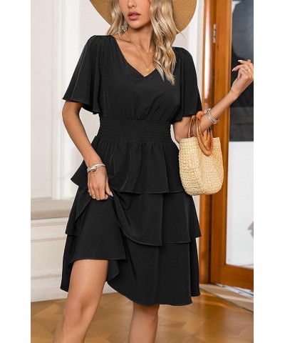 Women's Summer Short Dress V Neck Short Sleeve A line Tiered Layered Swing Flowy Mini Dresses Black $11.19 Dresses