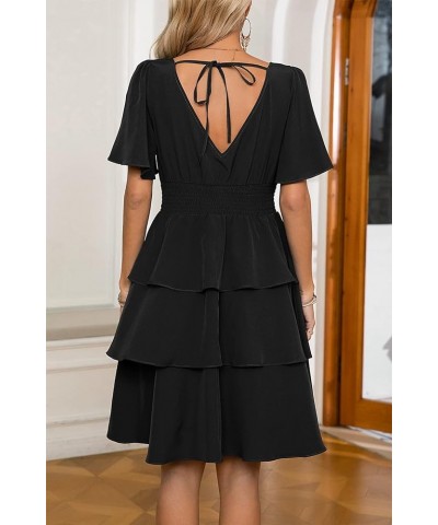 Women's Summer Short Dress V Neck Short Sleeve A line Tiered Layered Swing Flowy Mini Dresses Black $11.19 Dresses