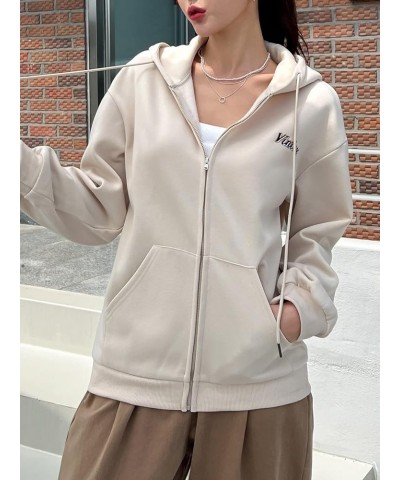 Women's Casual Letter Print Zip Up Pocket Long Sleeve Drawstring Hoodie thermal Hooded Sweatshirt Jacket Apricot $21.83 Hoodi...