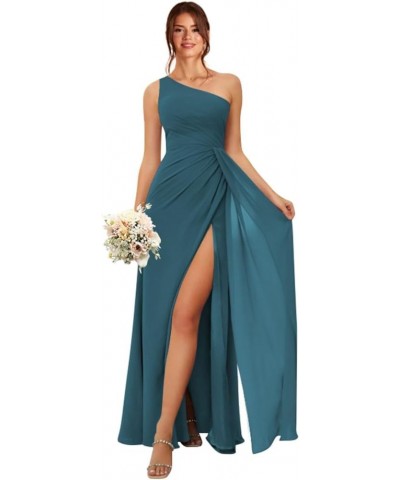 Women's One Shoulder Bridesmaid Dresses Long A-Line Ruched Split Formal Prom Evening Dress MA08 Teal $33.25 Dresses