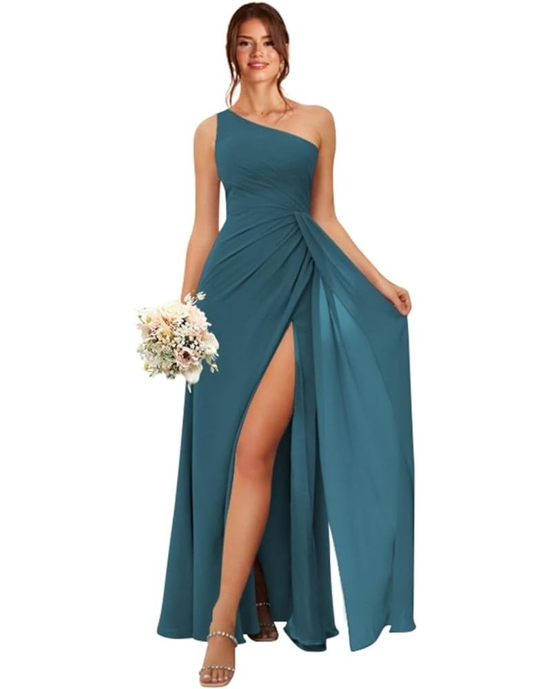 Women's One Shoulder Bridesmaid Dresses Long A-Line Ruched Split Formal Prom Evening Dress MA08 Teal $33.25 Dresses