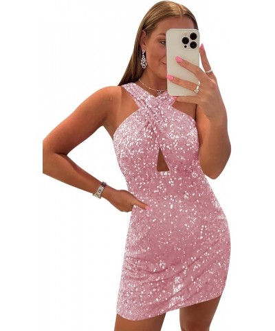 Halter Short Tight Homecoming Dresses for Teens Sparkly Bodycon Cocktail Party Gowns YZTS071 A-dusty Rose $29.67 Dresses