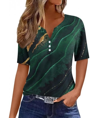 Womens Summer Tops Fashion 2024 Henley Neck Short Sleeve Shirts Casual Print Button Down Blouses 02-dark Green $9.34 Tops