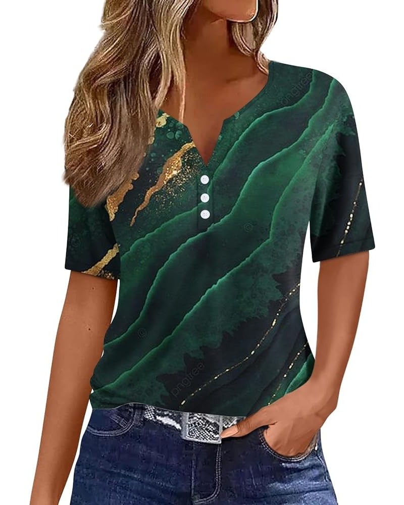 Womens Summer Tops Fashion 2024 Henley Neck Short Sleeve Shirts Casual Print Button Down Blouses 02-dark Green $9.34 Tops