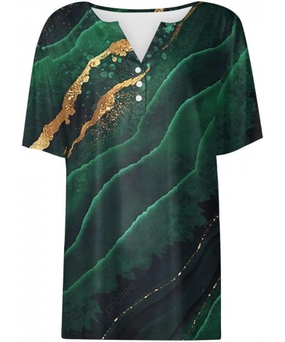 Womens Summer Tops Fashion 2024 Henley Neck Short Sleeve Shirts Casual Print Button Down Blouses 02-dark Green $9.34 Tops