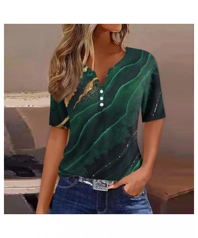 Womens Summer Tops Fashion 2024 Henley Neck Short Sleeve Shirts Casual Print Button Down Blouses 02-dark Green $9.34 Tops