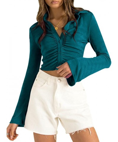 Women's Collar Button Down Ruched Long Sleeve Fitted Crop Tee Shirt Top Teal Blue $18.24 Blouses