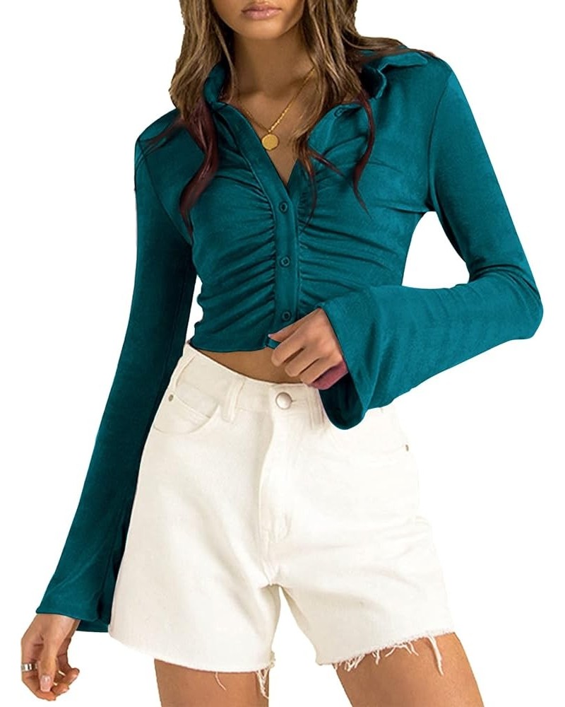 Women's Collar Button Down Ruched Long Sleeve Fitted Crop Tee Shirt Top Teal Blue $18.24 Blouses