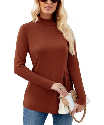 Women's Fall Mock Neck Long Sleeve Blouse Fashion Front Spliced Slit Waist Side Pleated Casual Versatile Tunic Tops Caramel $...