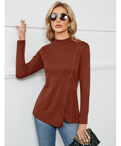 Women's Fall Mock Neck Long Sleeve Blouse Fashion Front Spliced Slit Waist Side Pleated Casual Versatile Tunic Tops Caramel $...