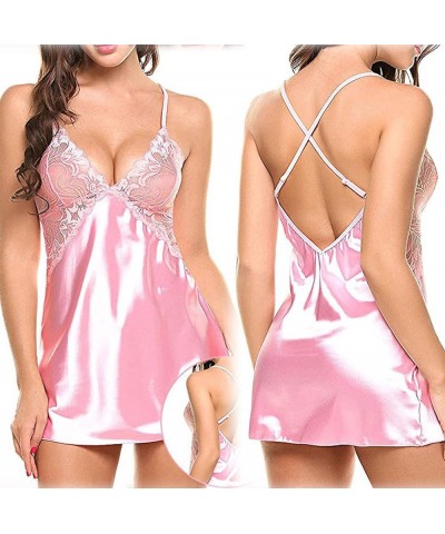 Lingerie Sexy Set Women's Satin Lace Lingerie V Neck Sleeveless Nightgown Sleepwear Cami Dress and Thong Set Nightwear Pink $...