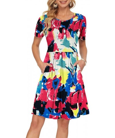 Womens Short Sleeve Mini Dresses Pleated Ruffle A Line with Button 02-colorful Tie Dye $10.19 Dresses