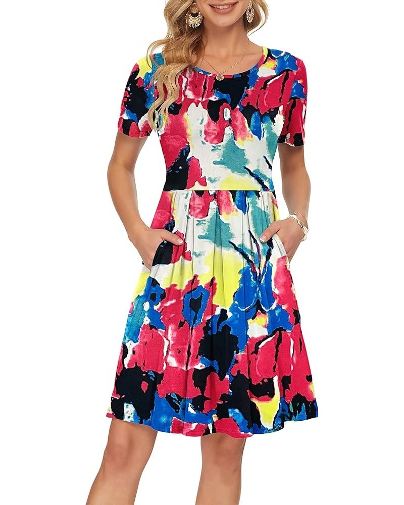 Womens Short Sleeve Mini Dresses Pleated Ruffle A Line with Button 02-colorful Tie Dye $10.19 Dresses