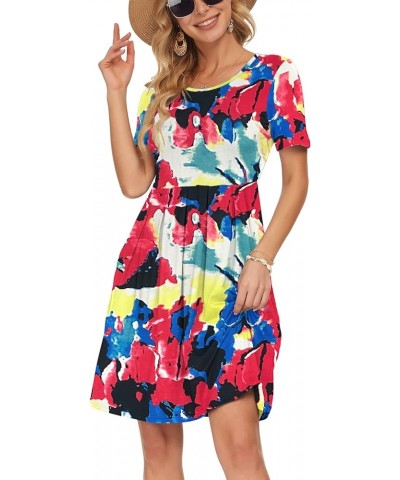 Womens Short Sleeve Mini Dresses Pleated Ruffle A Line with Button 02-colorful Tie Dye $10.19 Dresses