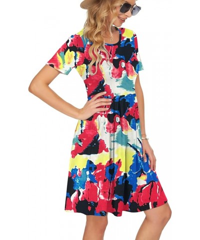 Womens Short Sleeve Mini Dresses Pleated Ruffle A Line with Button 02-colorful Tie Dye $10.19 Dresses