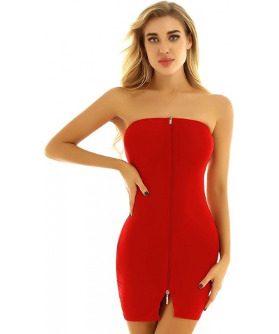 Women's One Piece Strapless Long Tube Top Mini Dress Zipper Front Bodycon Dresses Nightclub Red $10.32 Dresses