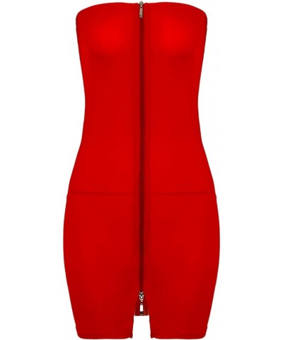 Women's One Piece Strapless Long Tube Top Mini Dress Zipper Front Bodycon Dresses Nightclub Red $10.32 Dresses