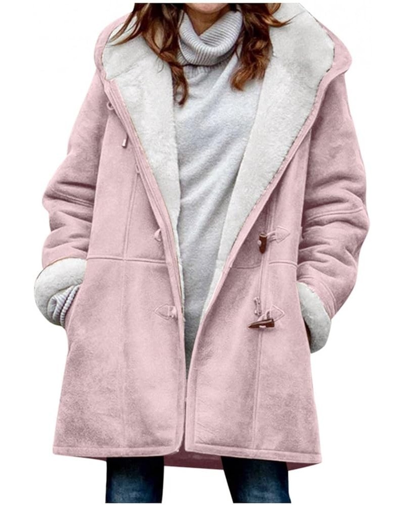 Winter Warm Sherpa Lined Coats Jackets for Women Plus Size Hooded Parka Faux Suede Long Pea Coat Outerwear Pink $9.89 Coats