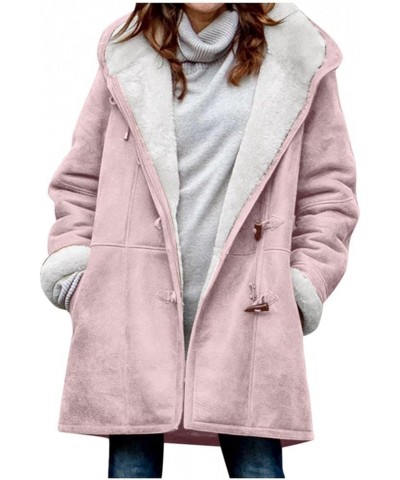 Winter Warm Sherpa Lined Coats Jackets for Women Plus Size Hooded Parka Faux Suede Long Pea Coat Outerwear Pink $9.89 Coats