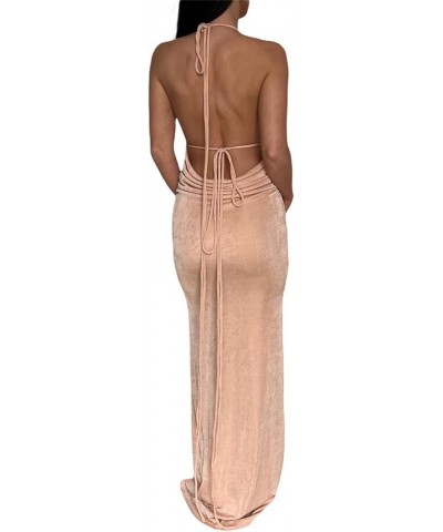 Womens Tie Back Backless Bodycon Long Dress Spaghetti Strap Low Neck Sleeveless Wrap Maxi Dresses S-beige $11.61 Dresses